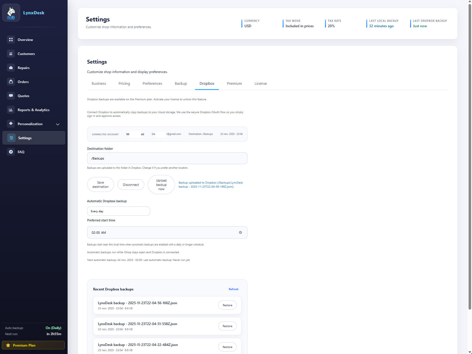 Dropbox Backup Settings
